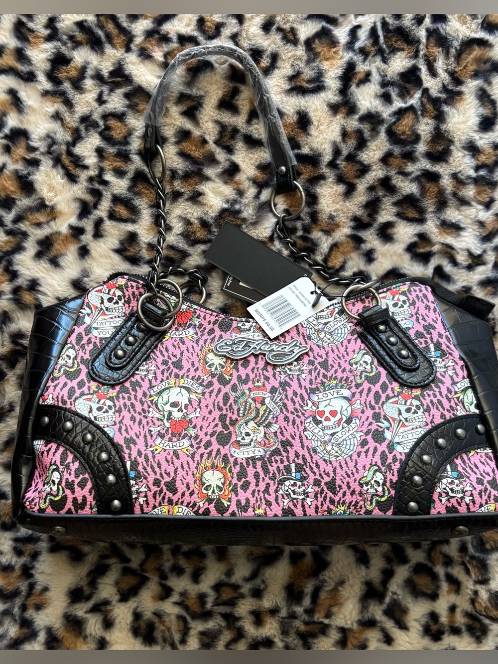 Ed Hardy Pink Leopard Print Women's Shoulder Bag
